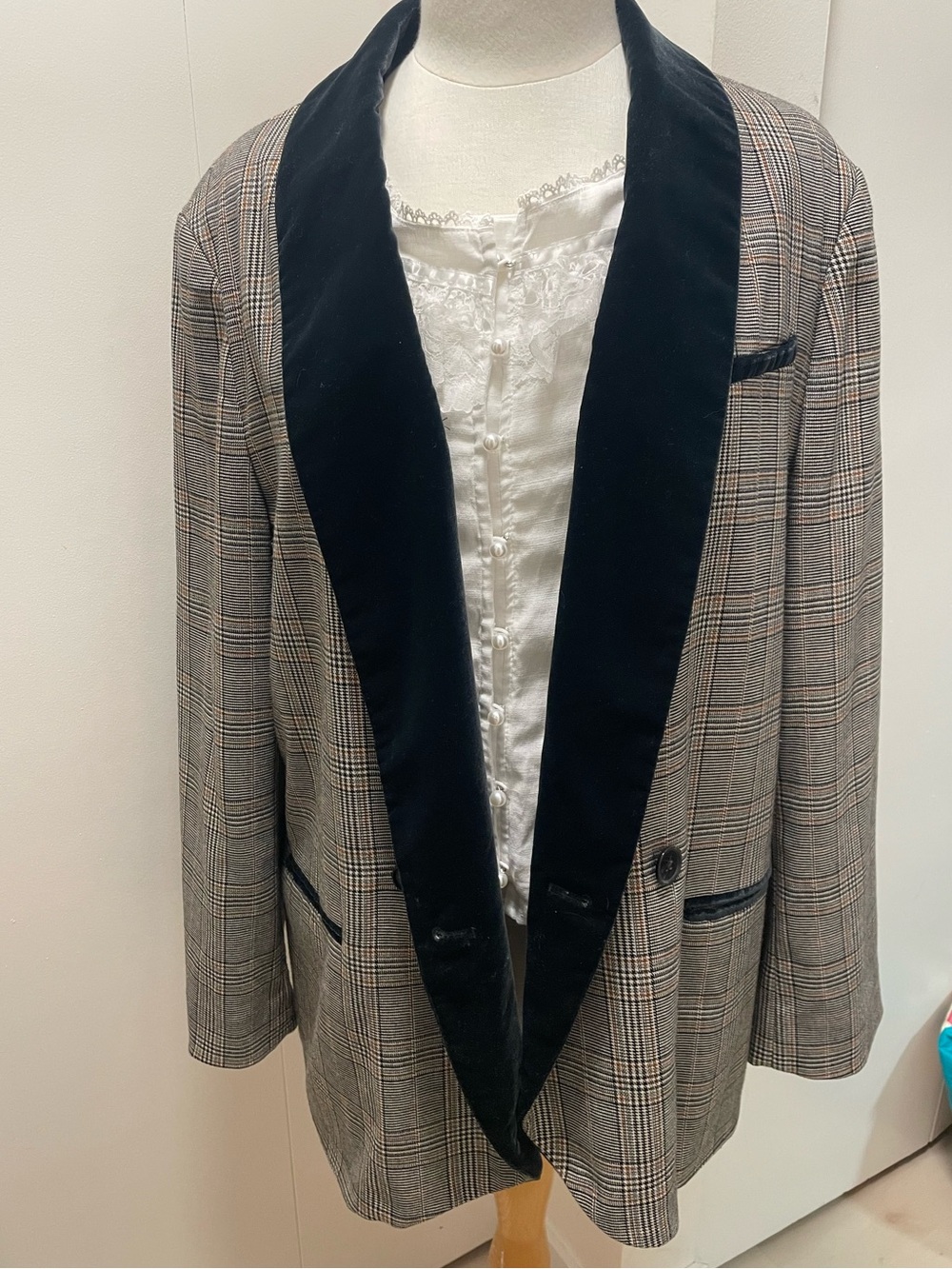 Free People Taupe Plaid Blazer with Dark Green Velvet Lapel